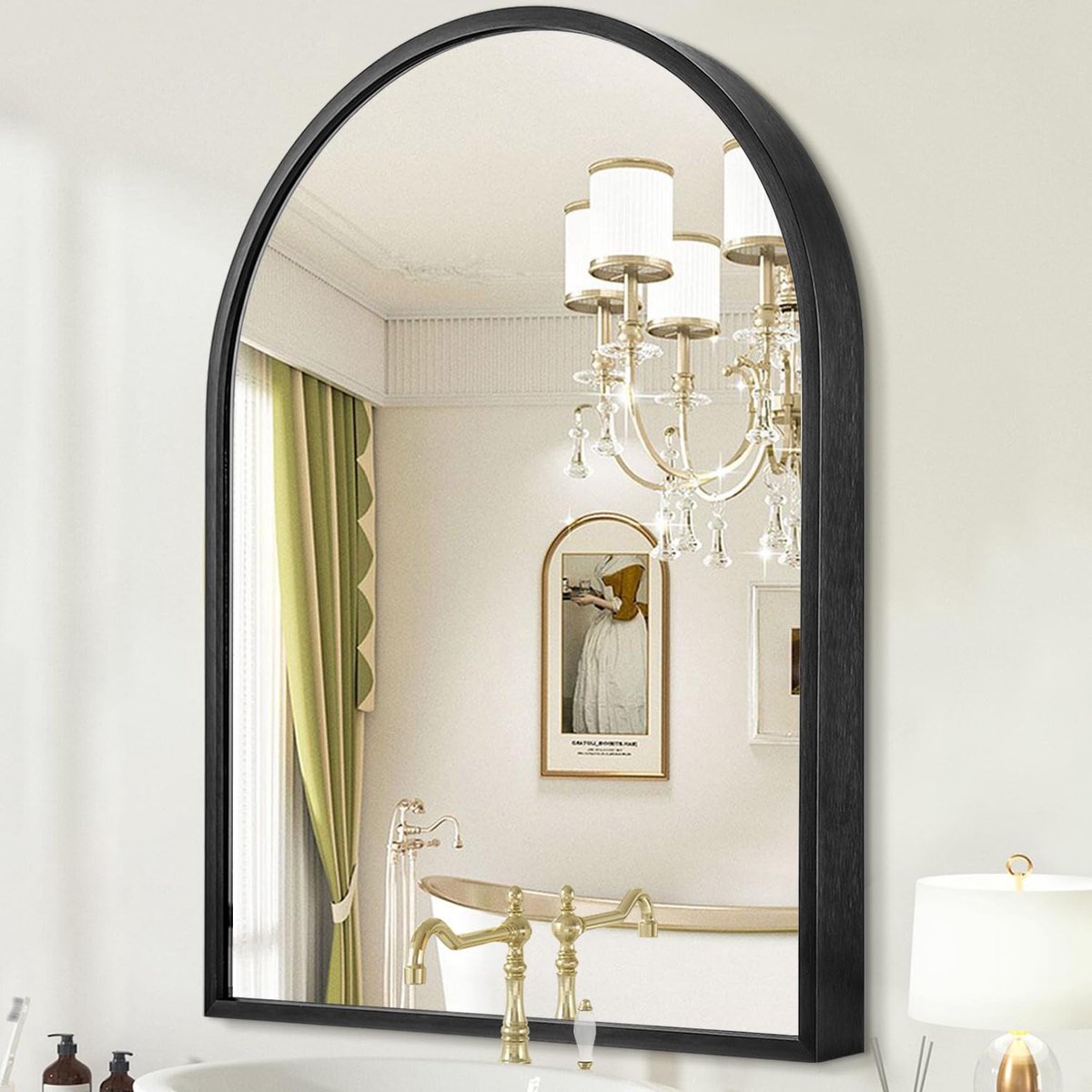 SnelShoppen - Boog Wandspiegel 40x30 cm - Zwart Metalen Ingelijste Badkamerspiegel - Gebogen Wandgemonteerde Make-upspiegel voor Slaapkamer, Entree, W