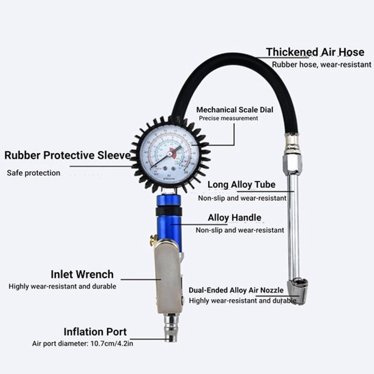 Bandenpomp met manometer - Bandenpomp 12 bar - Bandenspanningsmeter voor auto - Snelle luchtconnector - Zelfklemmende kop - Wijzerplaat 55 mm