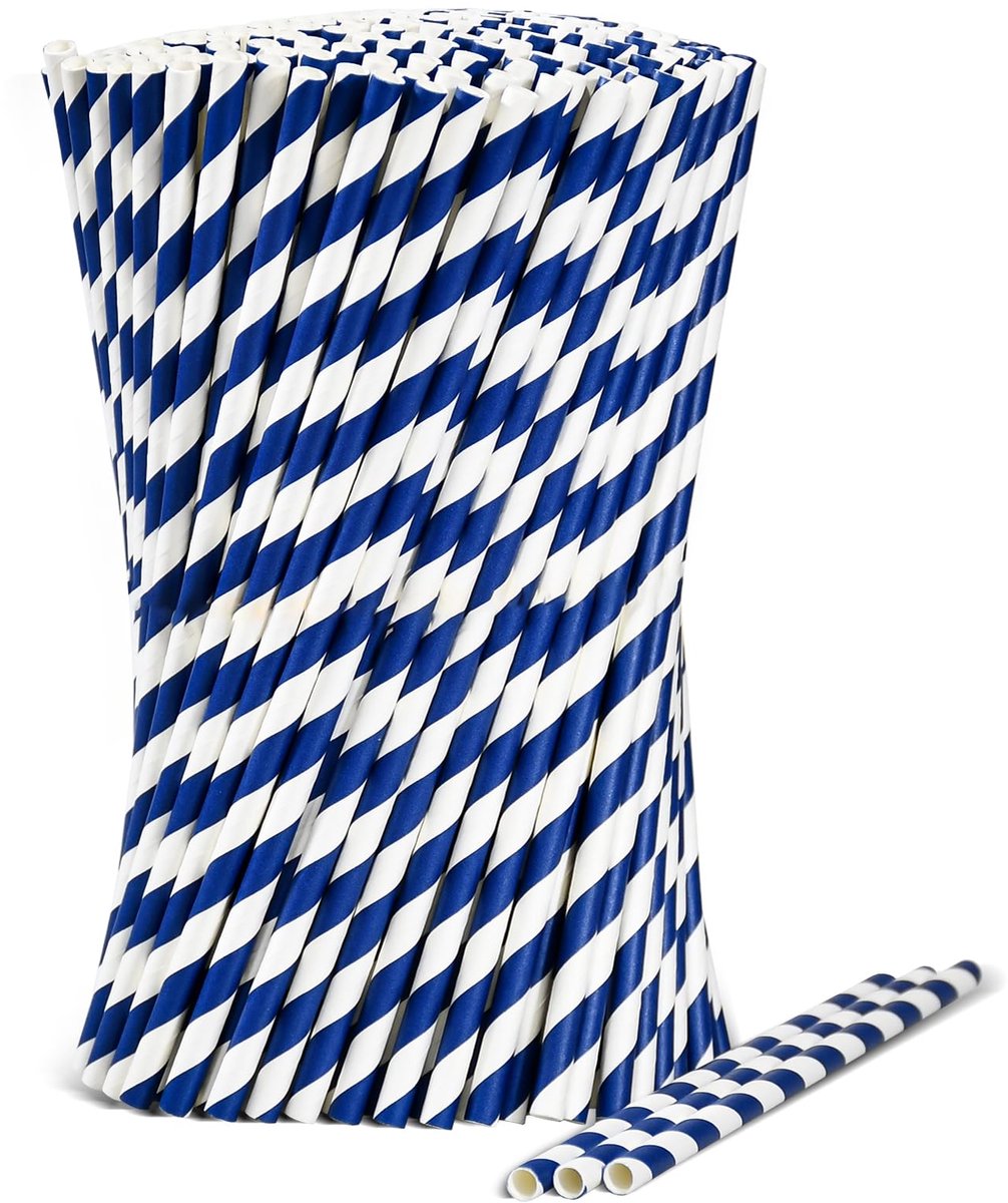 SnelShoppen - Wegwerp rietjes van blauw wit gestreept papier, 1000 stuks, 19,7 cm, 0,6 cm diameter, 100% biologisch afbreekbaar voor feesten, camping,