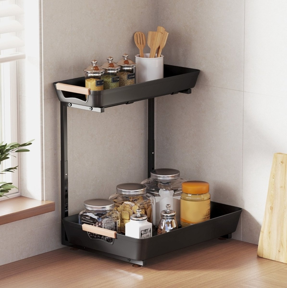 MIVRAY Keukenrek – Hoogteverstelbaar Met 2 Opbergmanden – 40 x 30 x 33,5-42 cm – Kunststof En Metaal – Zwart – Voor Keuken En Koffiehoek