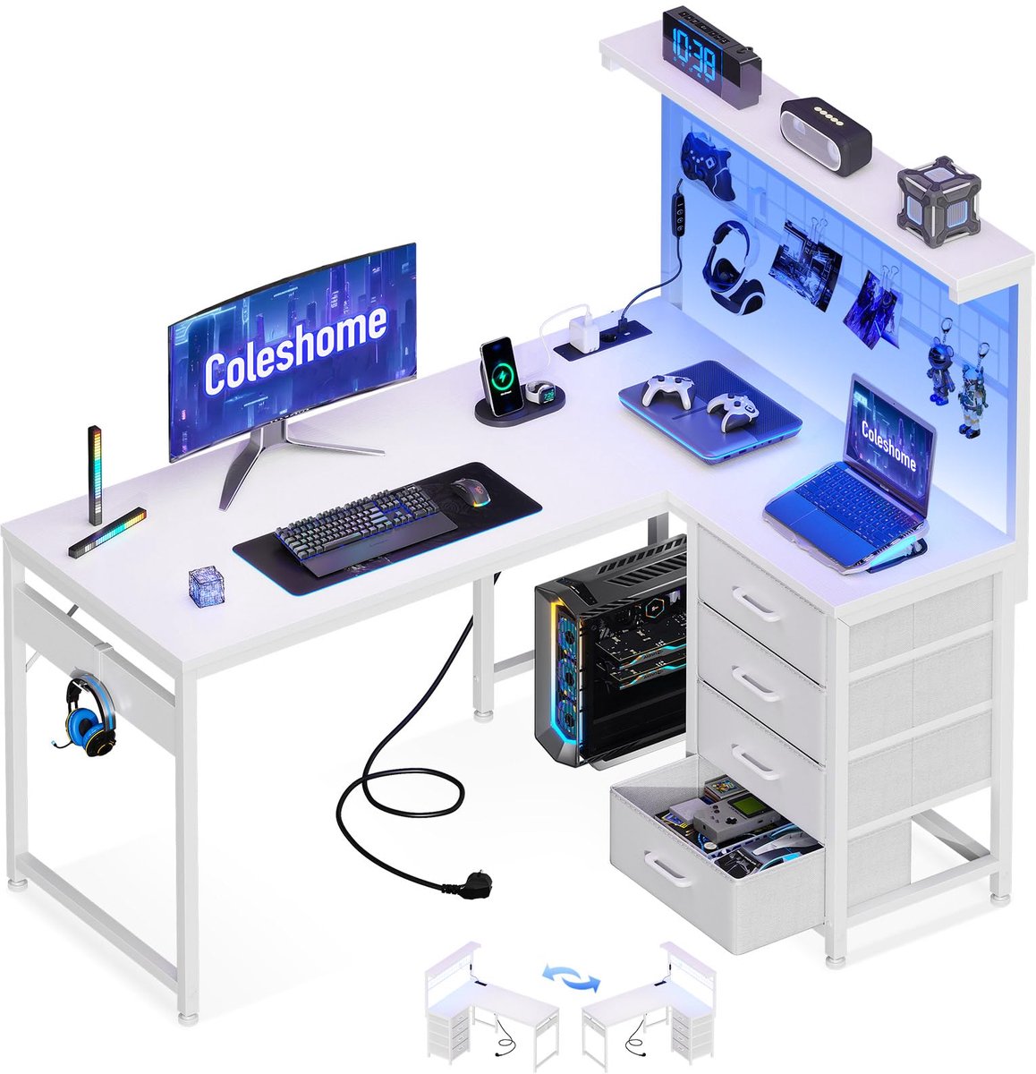 SnelShoppen - Coleshome Gamingbureau met LED-Verlichting en Stopcontacten, Omkeerbaar Hoekbureau met 4 Lades, Wit 110x80cm voor Gaming en Thuiswerkple
