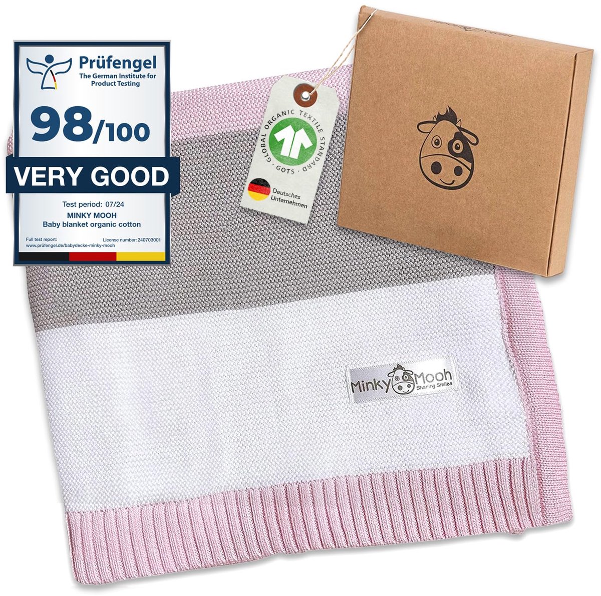 SnelShoppen - Minky Mooh Babydeken Biologisch Katoen, Oeko-Tex 100, Knuffeldeken, Gebreide Deken, Kruipdeken en Inbakerdeken, 94 x 72 cm, Roze, Perfec