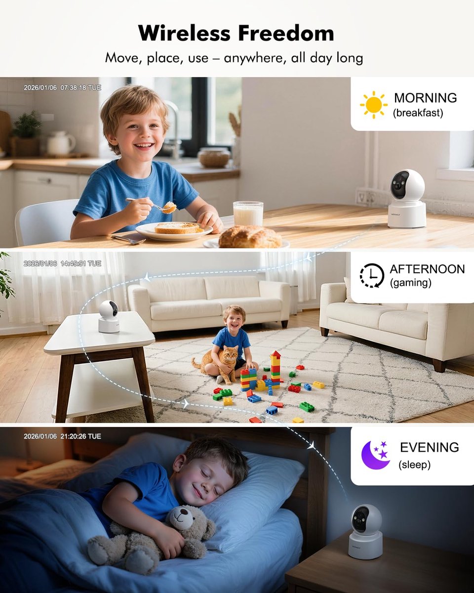 SnelShoppen - Draadloze Indoor Beveiligingscamera 2.5K met 6000mAh Batterij, 360° Pan-Tilt, Kleur Nachtzicht, Dual-Band WiFi 2.4/5GHz, PIR Bewegingsde