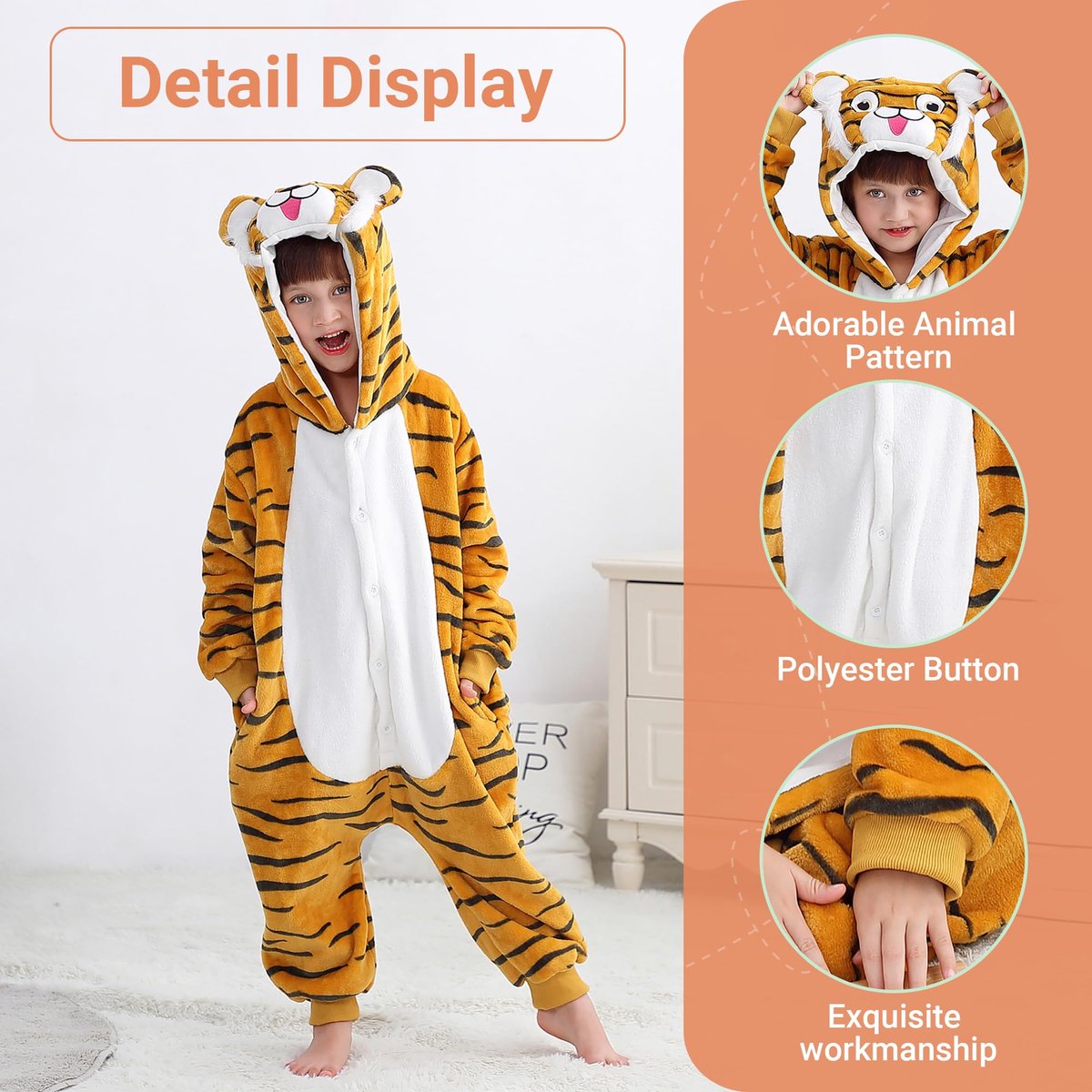 SnelShoppen - Unisex jongens dier capuchon romper pyjama 3-12 jaar, alles-in-een jumpsuit voor meisjes en jongens, Tijger print, comfortabele slaappak
