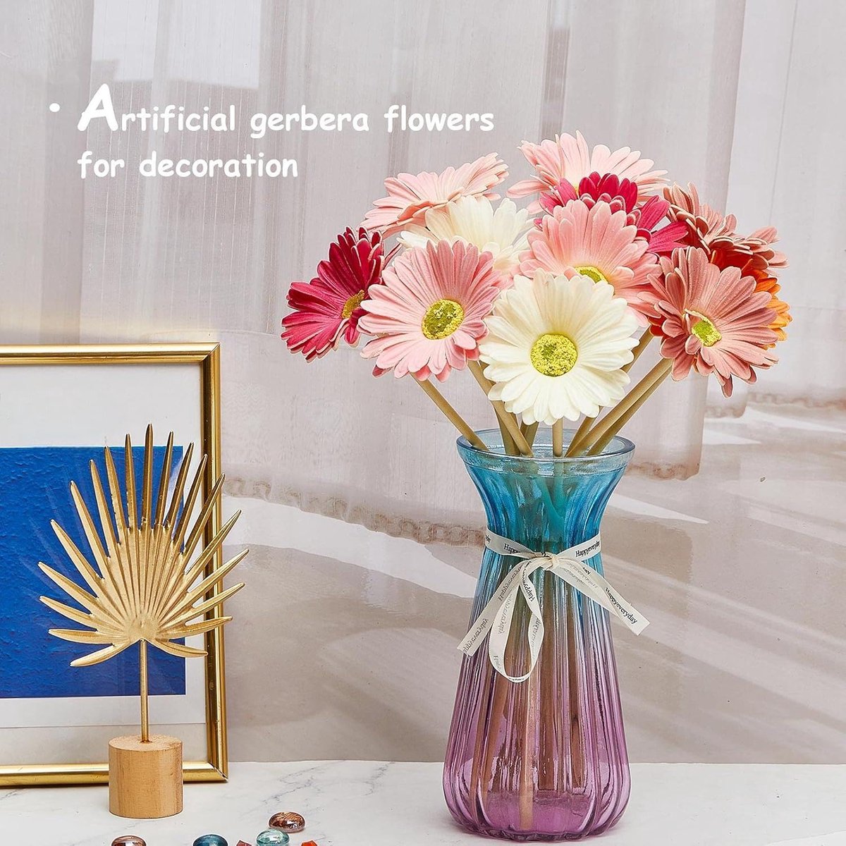 SnelShoppen - Kunstmatige Gerbera Madeliefjes Bloemen Boeket 15 inch - Nep Bloemen - 18 Stuks in Wit, Roze, Geel, Oranje, Roos en Koraal - Perfect voo