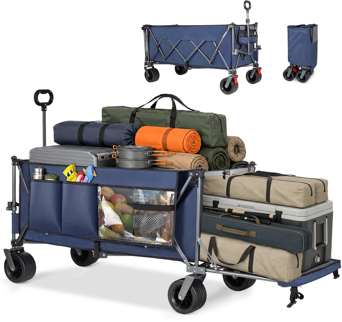 MIVRAY Tuinkar – 180 cm Opvouwbaar Met Uitschuifbare Achterklep – Staal En Oxford – Blauw – Voor Strand Tuin Boodschappen Outdoor