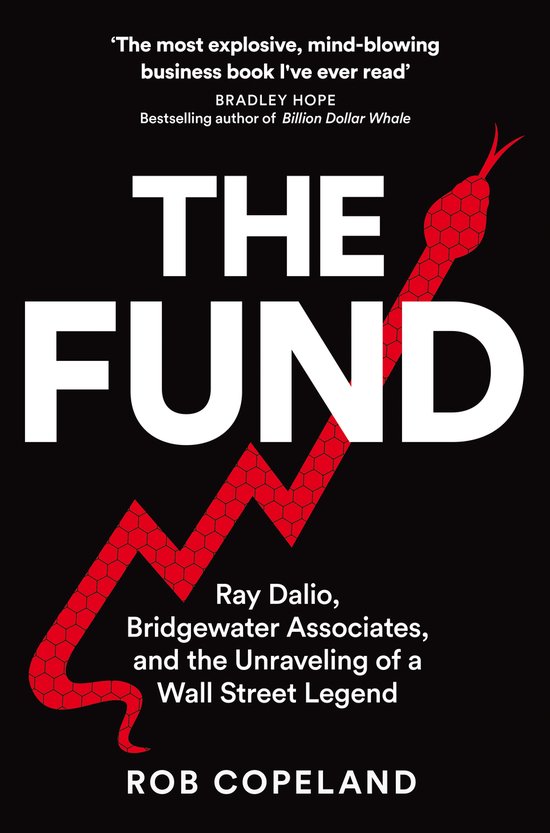 Boek 'The Fund' met rode slang en grafiek op zwarte achtergrond. Tekst: 'The most explosive, mind-blowing business book I've ever read'.