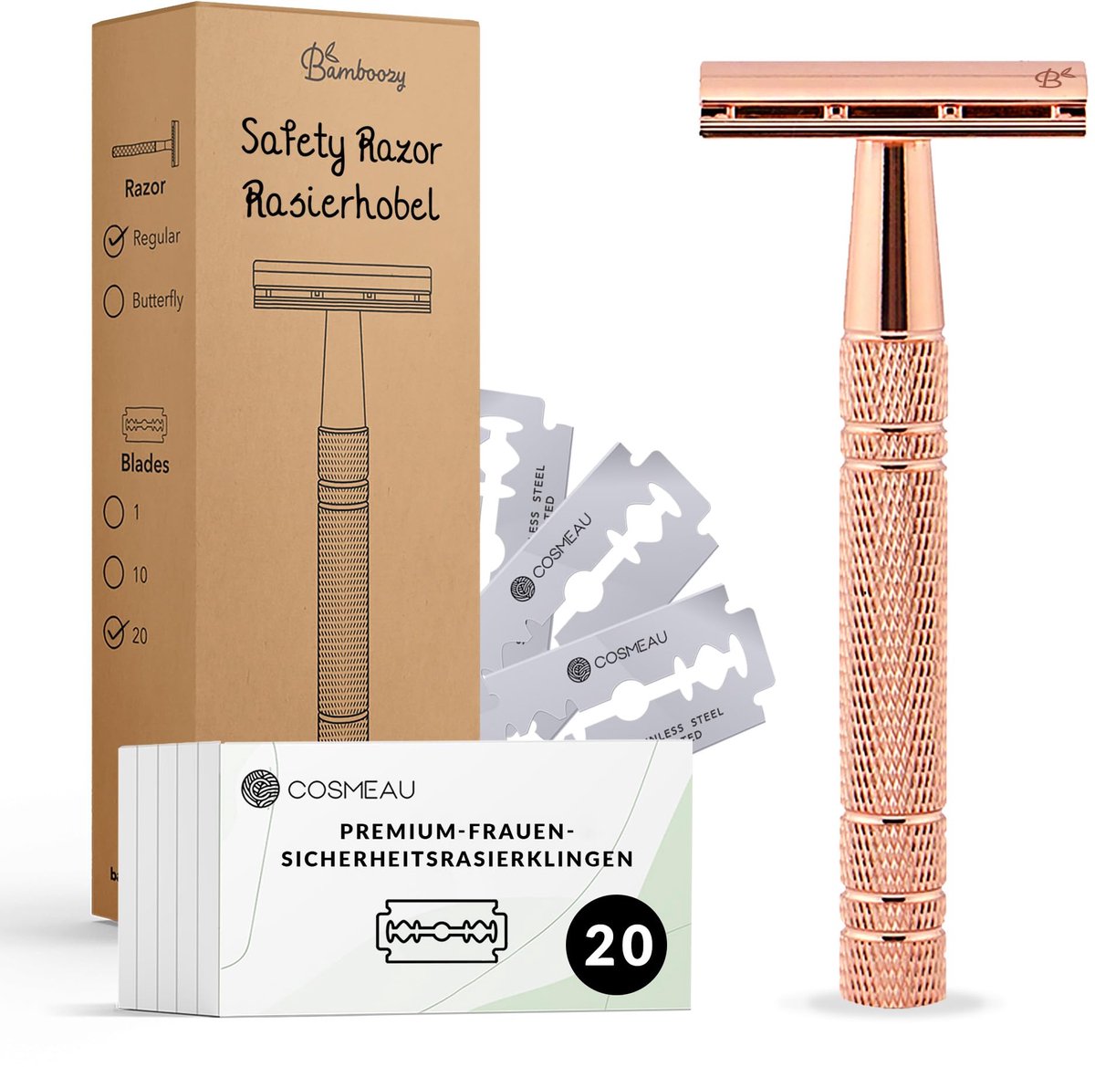 SnelShoppen - Bamboozy Safety Razor met 20 Premium Mesjes - Aluminium Scheermes voor Dames - Duurzaam, Zero Waste, Double Edge, Rosé Goud voor Nat Sch