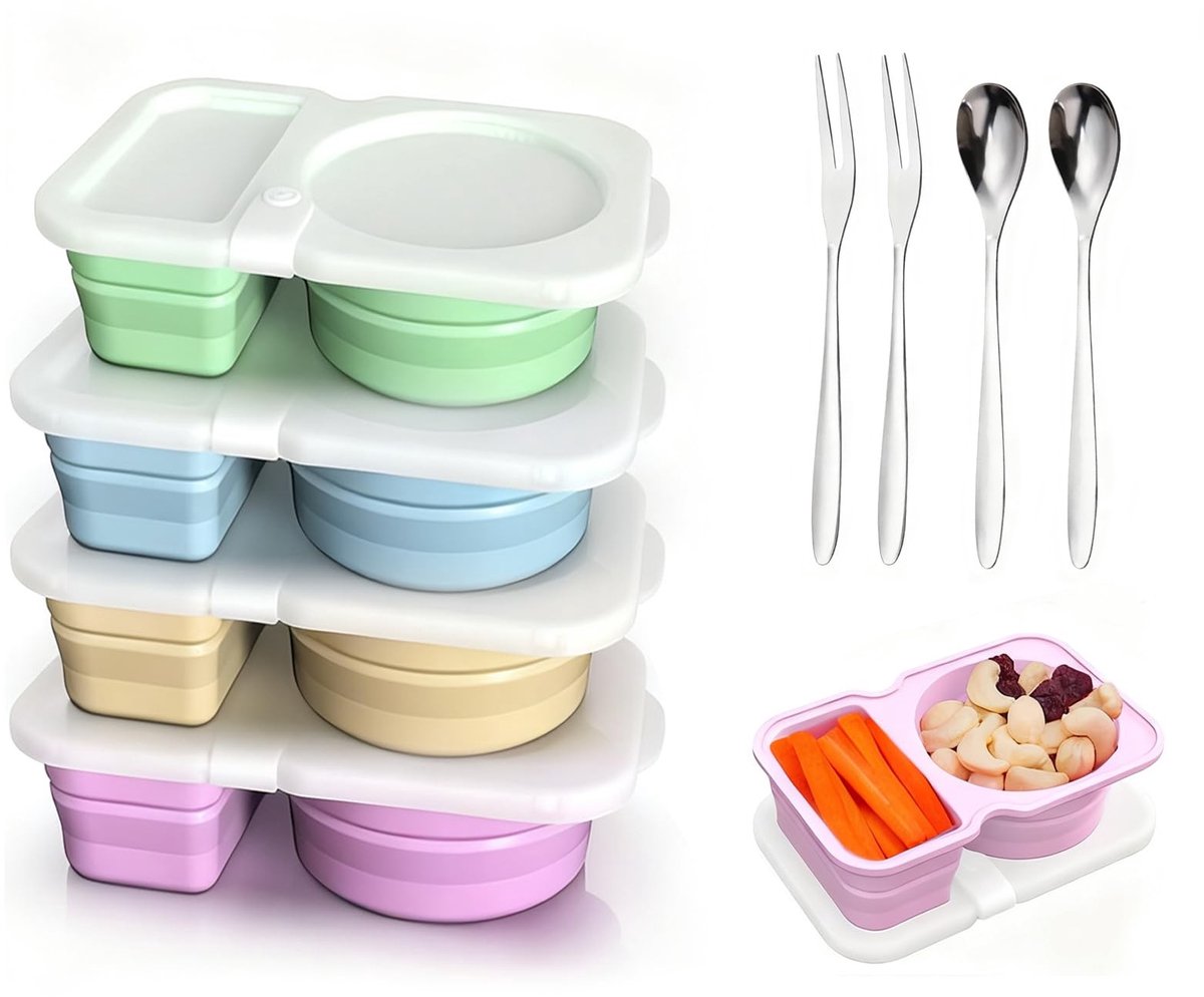 Dailygoods- Snackcontainer set van 4 - Siliconen - Lekveilig - Snackdoos met vakjes - Opvouwbaar - Vaatwasmachinebestendig - Ideaal voor kinderen
