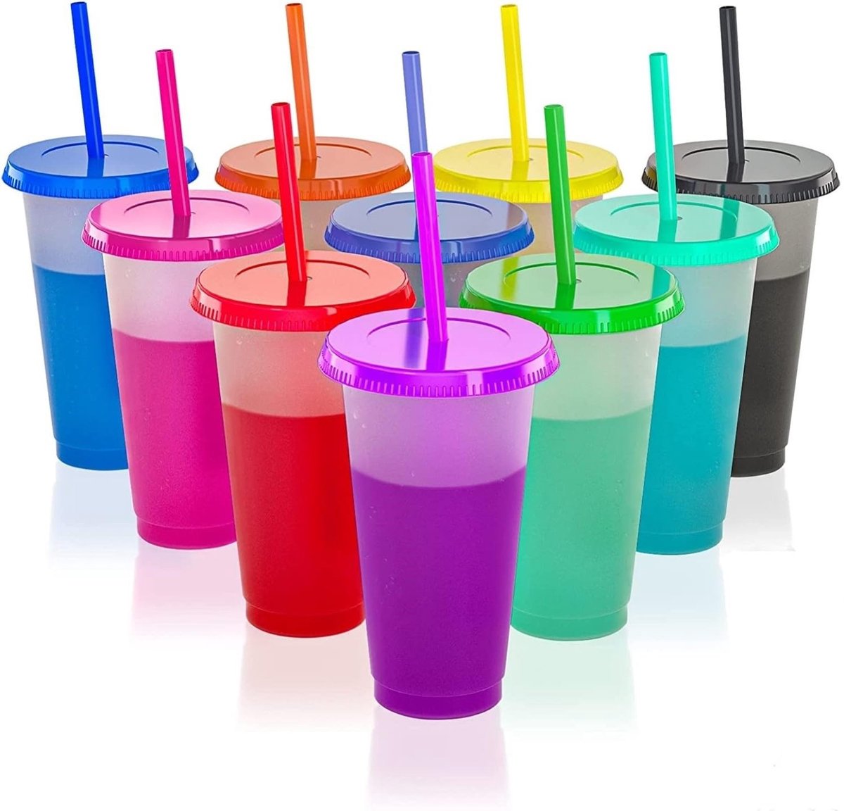 Dailygoods - 10 Kleurveranderende Bekers met Deksel en Rietjes, 710 ml - Herbruikbare Plastic Bekers