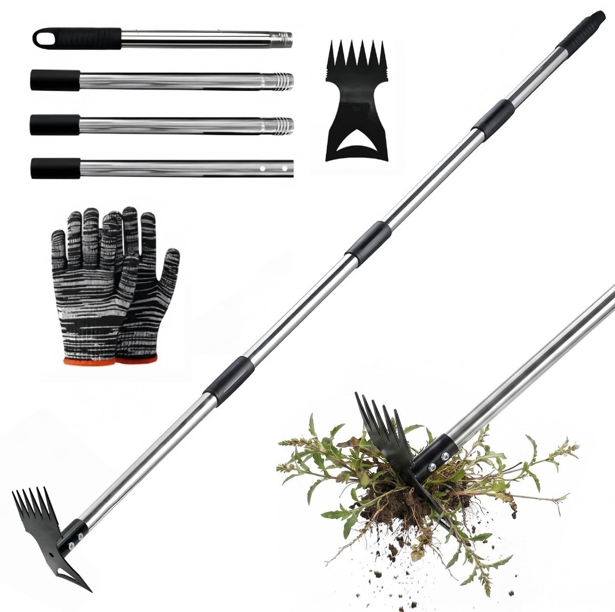 Dailygoods - Handmatige Onkruidverwijderaar met Lange Steel - 2-in-1 Tuinhak en Hark