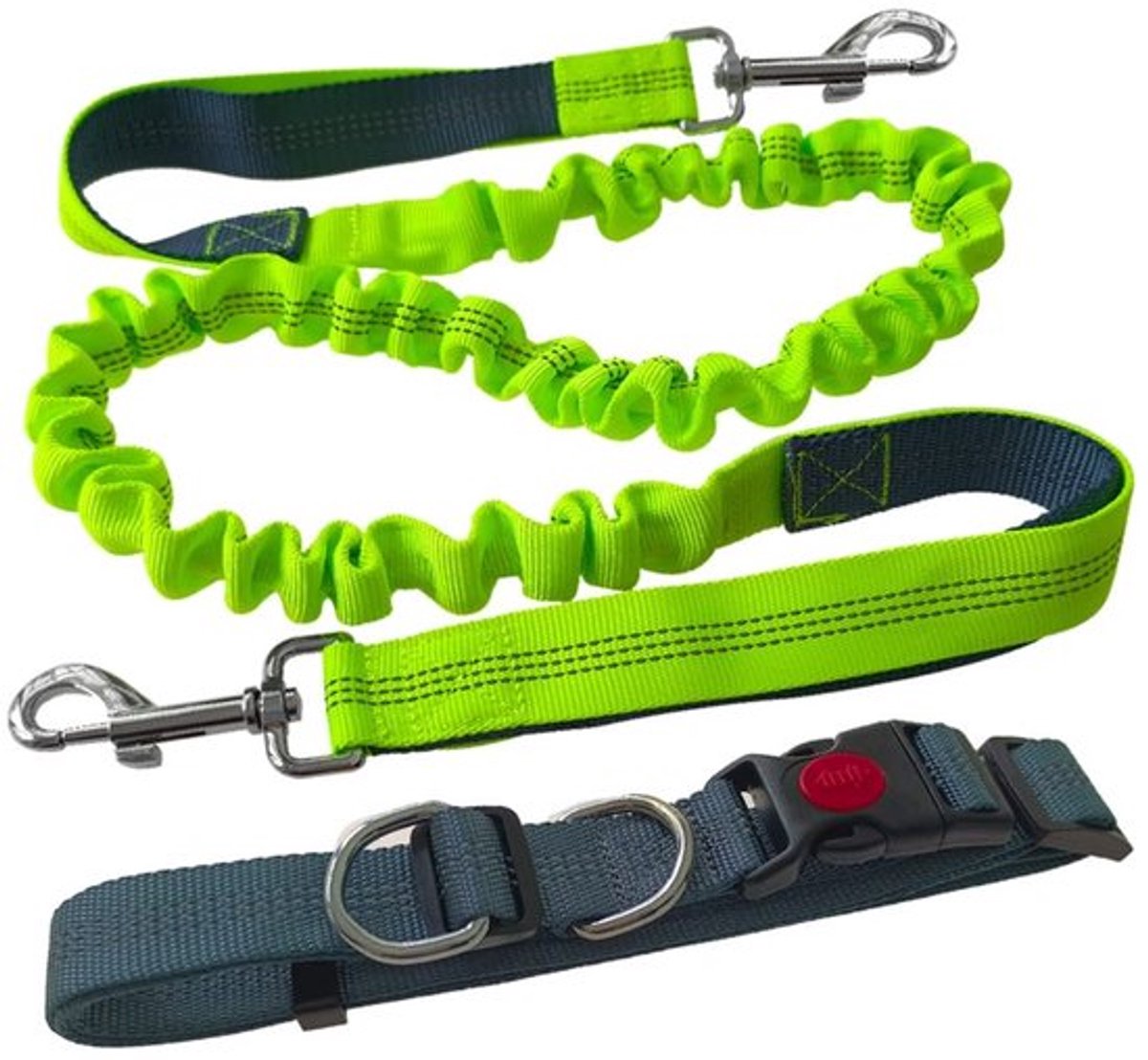 - Handsfree hondenriem - Verstelbare jogging hondenriem - Grijs en groen - Intrekbare bungee-riem - Geschikt voor medium en grote honden