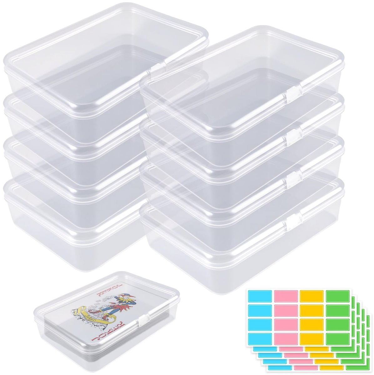 Dailygoods- Kaartenbox Transparant - Opbergdoos met Deksel - 8 Stuks - Met 160 Kleurrijke Labels - PP Plastic - Compact 10.5×7.5×2.5cm