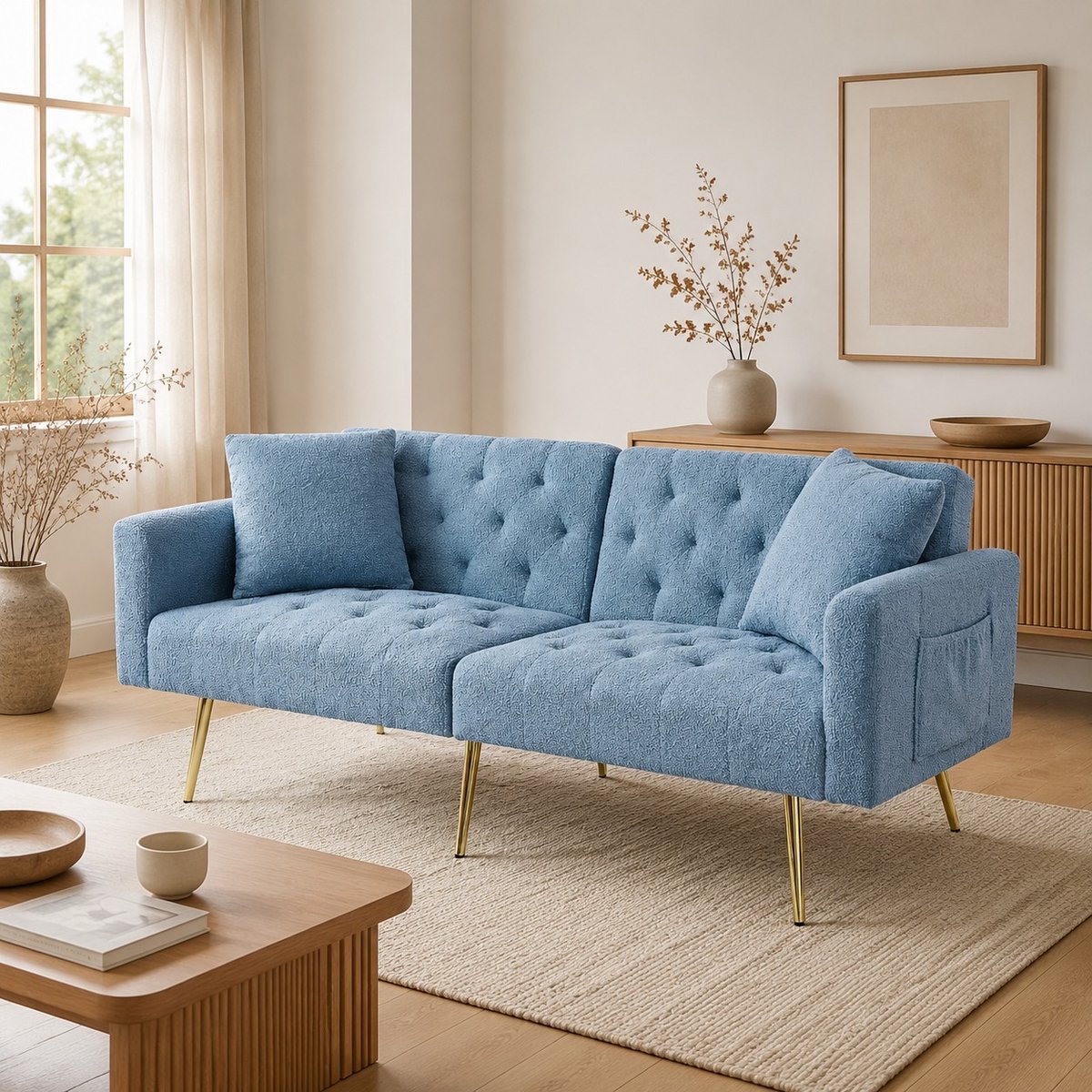 COVREO Slaapbank 177 x 78 x 74 cm - blauw pluche stof, metalen poten, 2 kussens