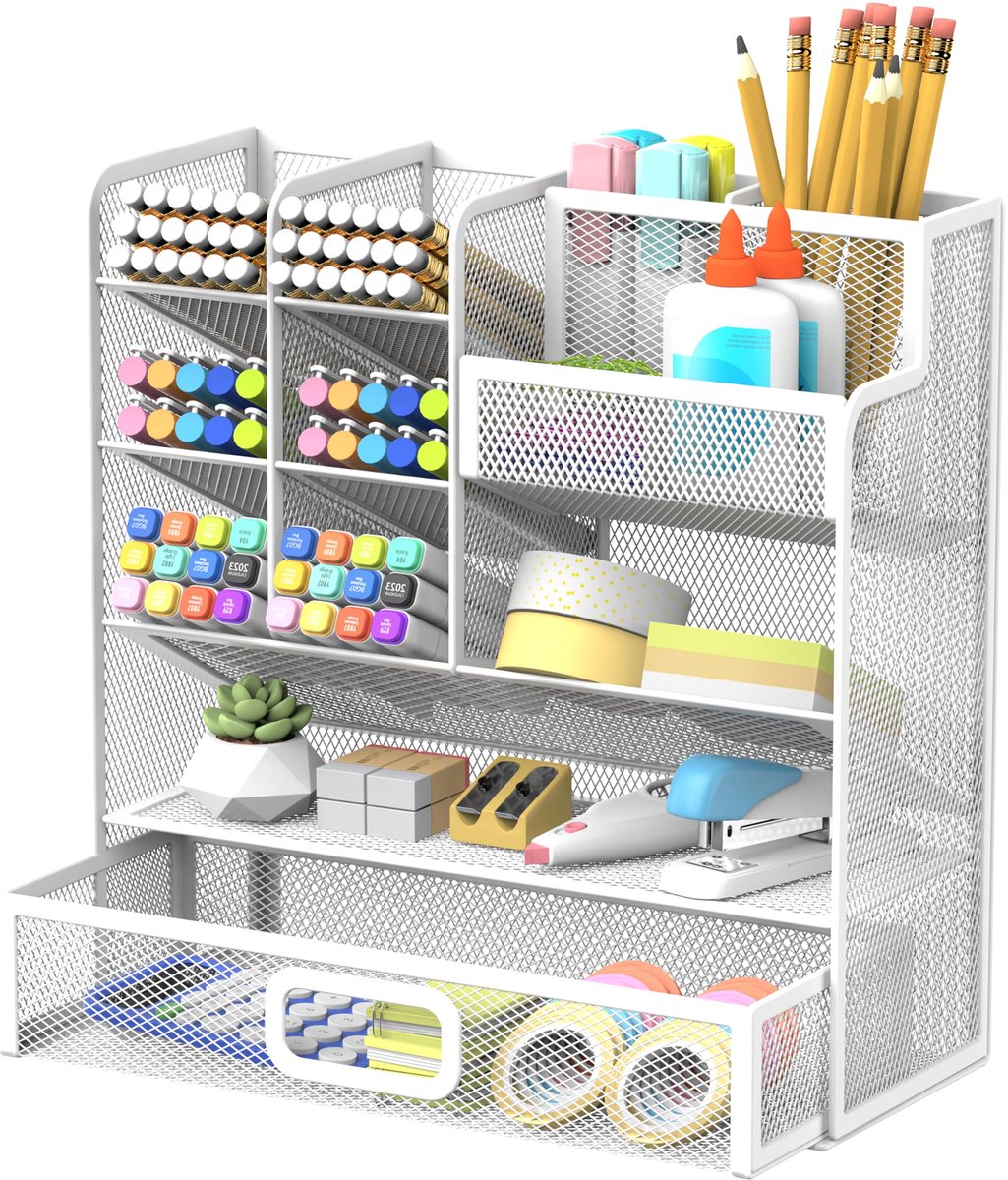 SnelShoppen - SUPEASY Mesh Pen Holder Bureauorganizer met Lade, Wit, Multifunctionele Penhouder voor Kantoor, Creatieve Kunstaccessoires, Bureauaccess
