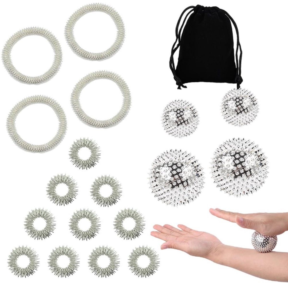 Dailygoods- Massagebal Set - Metalen Egelbal - Massageringen - Stressvermindering - Acupressuur - Compact Ontwerp - Massageset