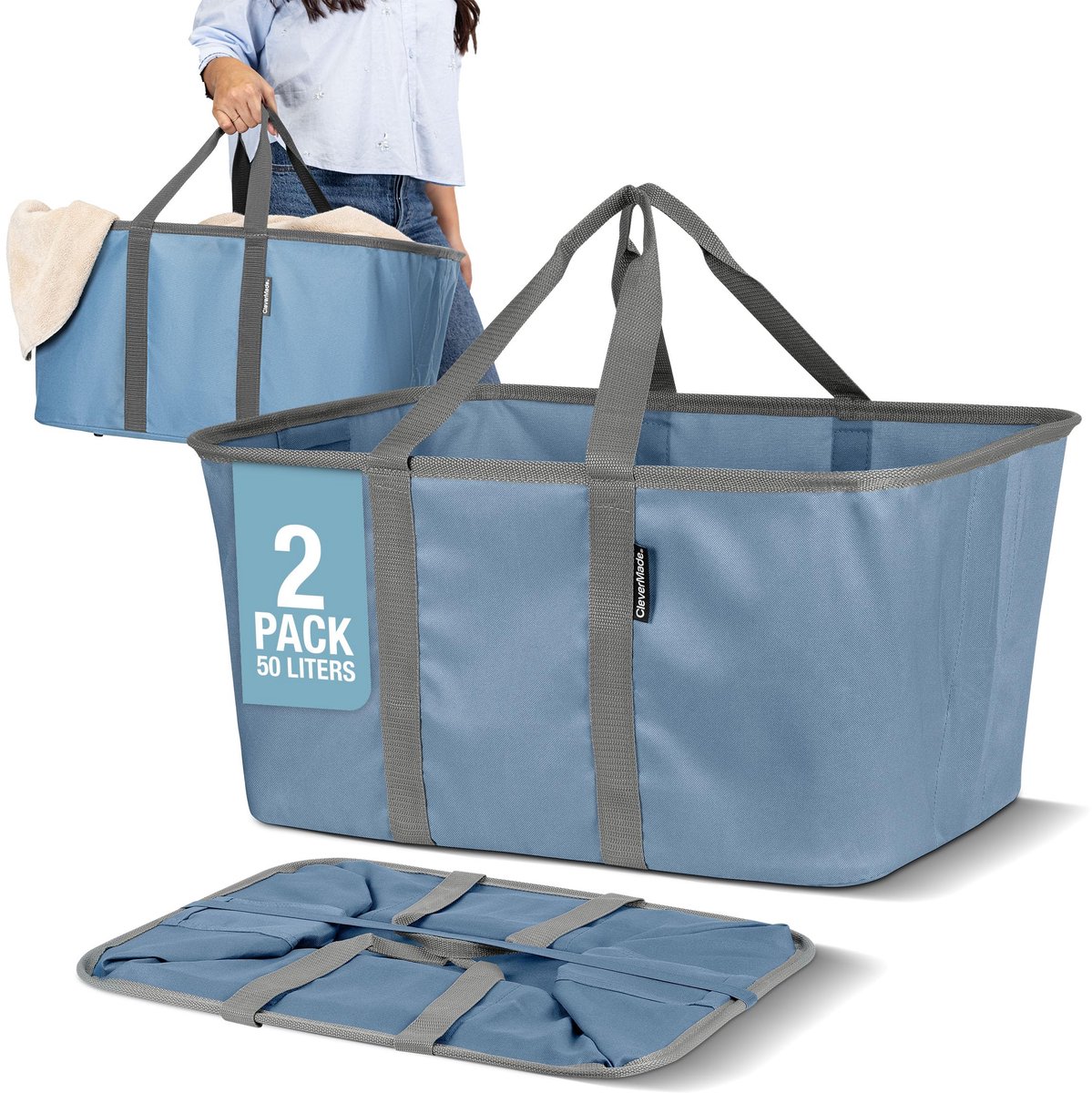 SnelShoppen - Opvouwbare Wasmanden 50L - Denim/Houtskool - 2 Stuks - Ruimtebesparende Wasmand met Stevig Pop-upframe en Lange Draaggrepen voor Organis