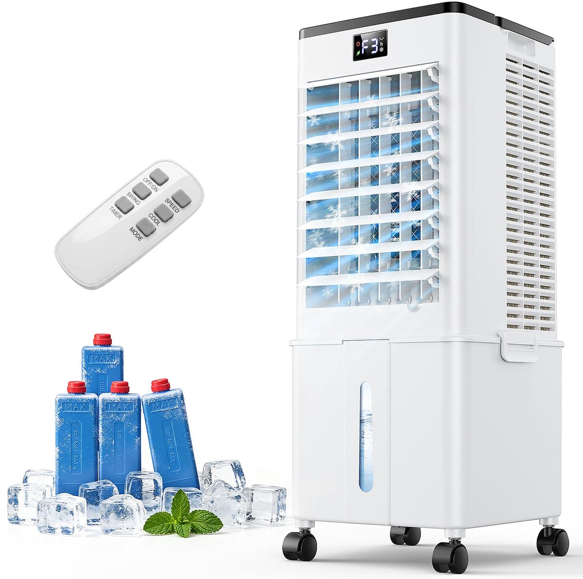 SnelShoppen - Mobiele Airconditioner 4-in-1 Luchtkoeler met 10L Waterreservoir en 1-12 Timer, Afstandsbediening, 4 Koelmodi 3 Snelheden en Koelaccu's