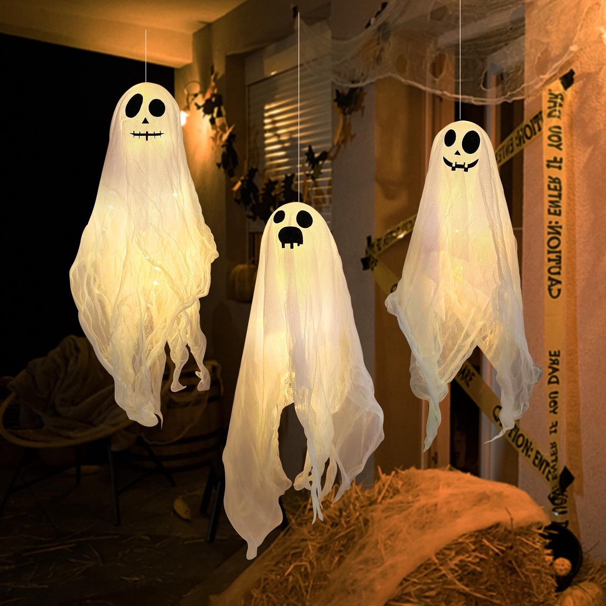 SnelShoppen - 3 stuks Halloween decoratie spook met LED verlichting, 45 cm griezelige spookjes voor tuin, terras, gazon, Halloweenfeestdecoratie