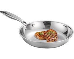 RVS Wok Pan - Koekenpan Koop - Professioneel Koken - Gelijkmatige Warmteverdeling - 20 cm - Zilver