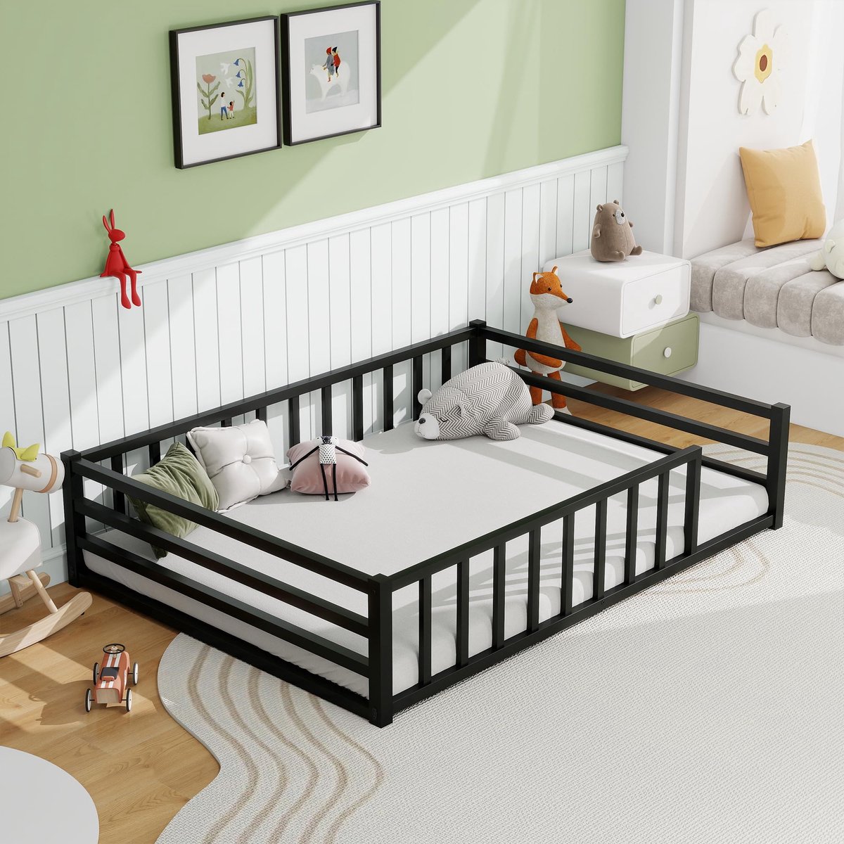 SnelShoppen - Vloerbed 120 x 200 cm met Valbescherming en Lattenbodem - Montessori Bed voor Kinderen - Massief Hout - Jongens en Meisjes - Zwart - Een