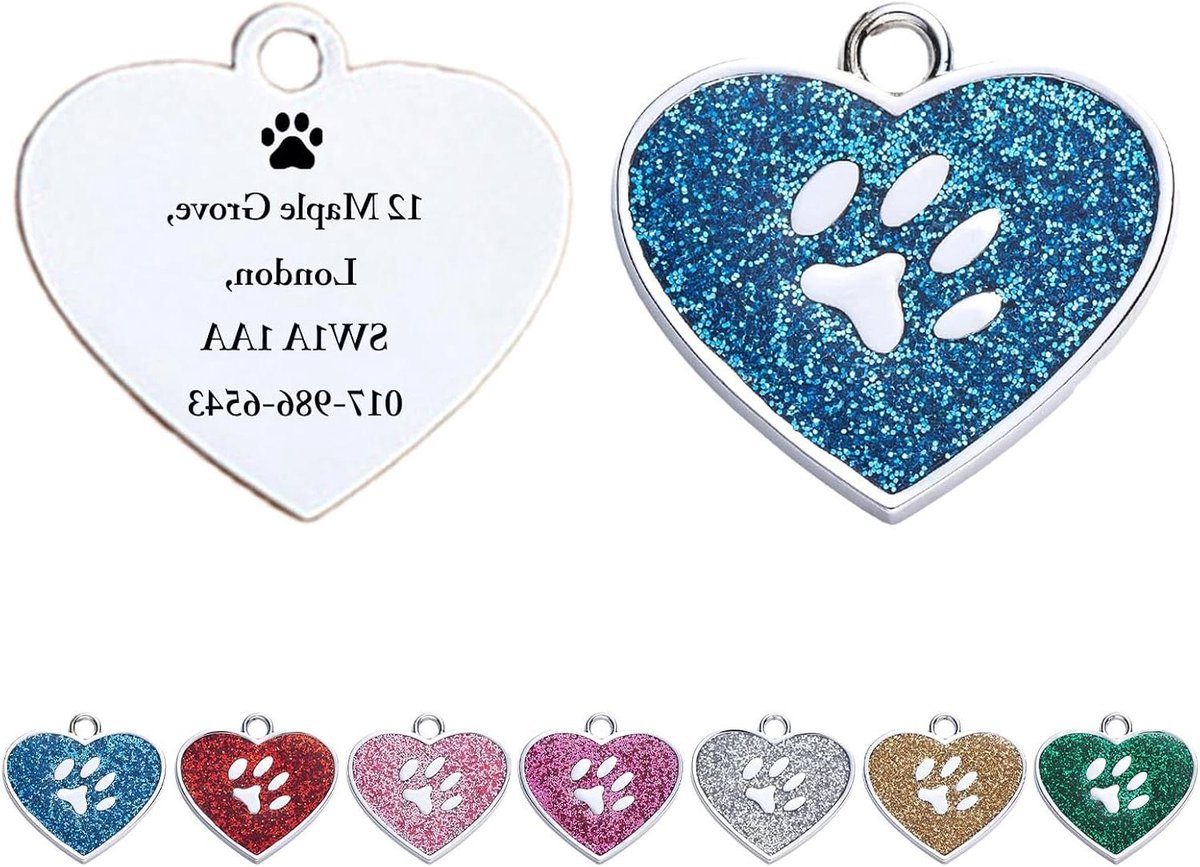 Gepersonaliseerde Hondenpenning - Huisdier ID Tag - Veiligheid Huisdier - Hartvorm met Pootprint - 28 x 26 mm - Blauw