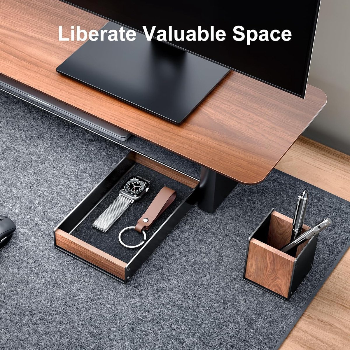 SnelShoppen - Walnut Houten Bureaublad met Pen Houder Set - Natuurlijke Houten Bureau Organiser met Aluminium Lade voor Sleutels, Pen en Horloge - Per