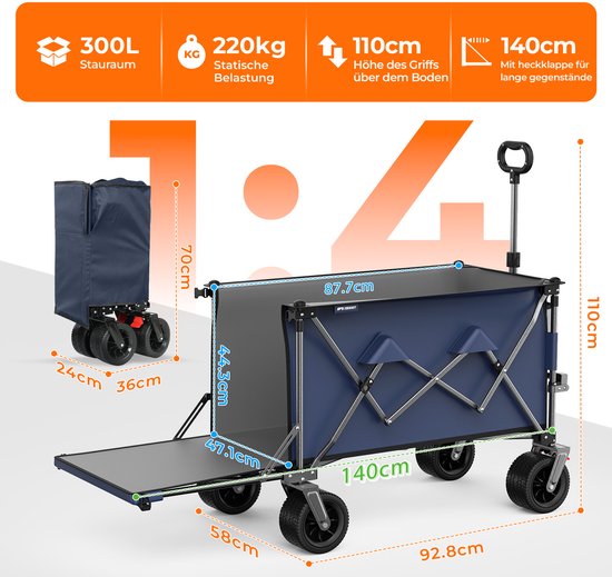 HAUSS SPOLE Tuinkar - 140 cm, 300 L, Met Uitschuifbare Achterklep - Staal - Blauwgrijs - Opvouwbaar voor Tuin, Strand en Kamperen van hauss-spole — afbeelding 2