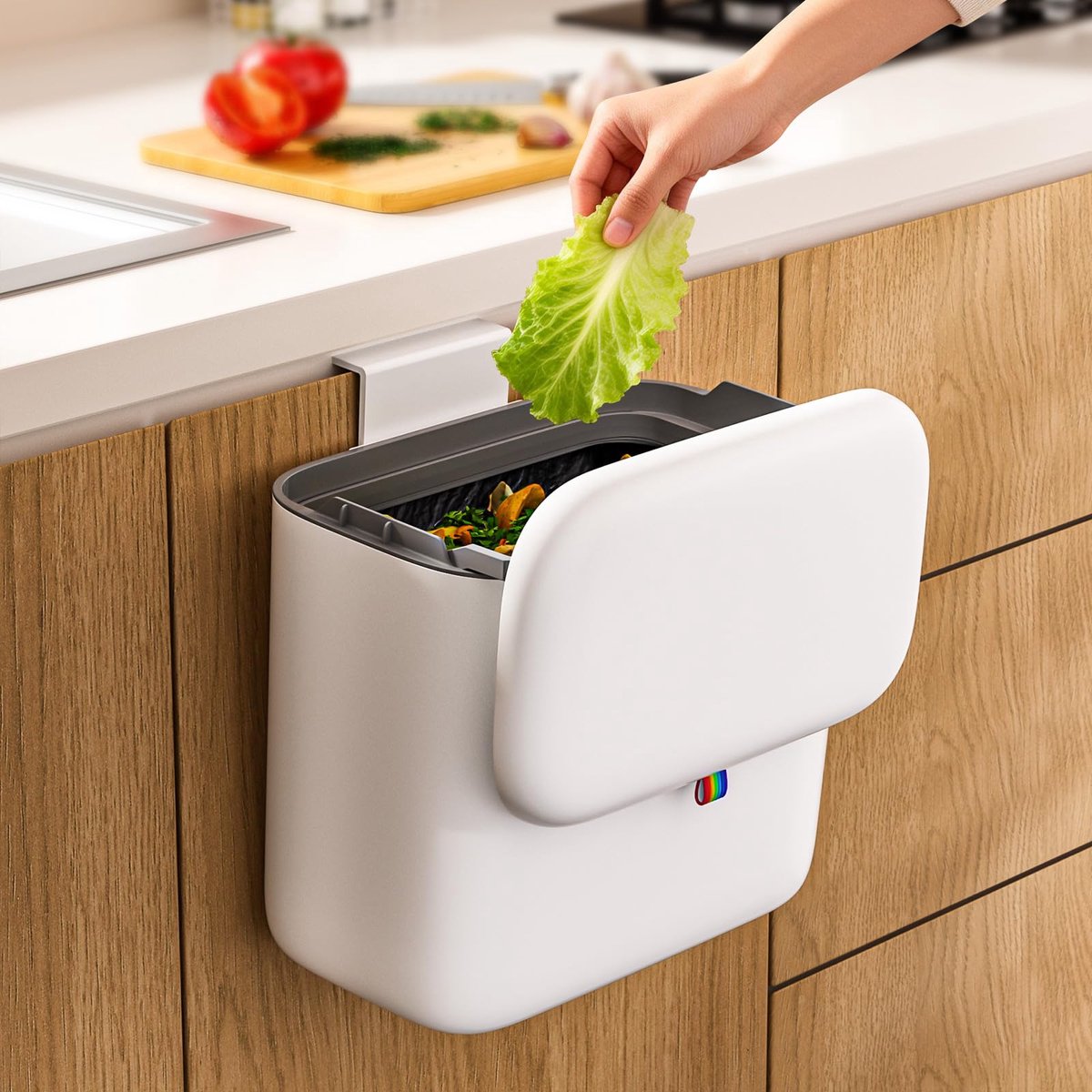 SnelShoppen - Compostemmer voor keuken 6,8 liter - Hangende vuilnisemmer met deksel voor badkamer, slaapkamer, onder de gootsteen - Kleine afvalemmer