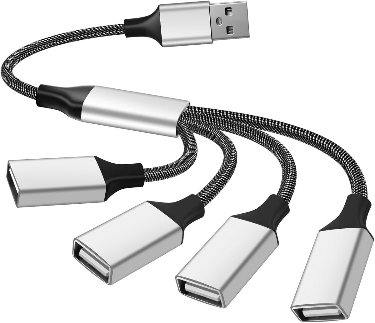 SnelShoppen - USB-splitter 1 tot 4 kabels, USB-hub 2.0 poort-verdeler, meervoudige stekker, adapter voor pc, laptop, auto, tv, printer, toetsenbord, m