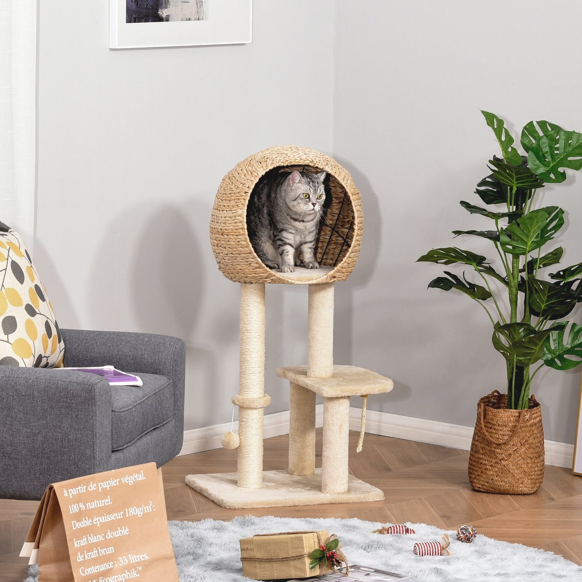 MIVRAY Krabpaal Met Kattenhokje 100 Cm – Met Sisal Krabpalen En Speelbal – MDF – Beige – Voor Rust En Speelplezier