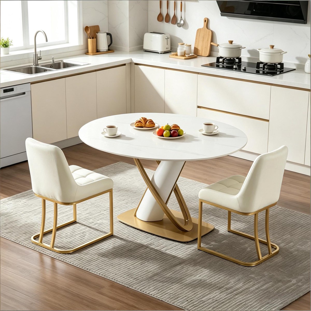 OKWISH Eetkamerstoel Set Van 2 - Gestoffeerde Velvet Stoel Met Metalen Frame En Verstelbare Vloerglijders - Voor Eetkamer En Woonkamer - Beige