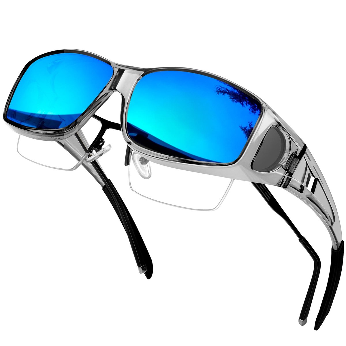 SnelShoppen - Overzet Zonnebril Heren Dames Rechthoek Blauw Grijs UV Bescherming Ideaal voor Feest, Strand, Vakantie en Sport