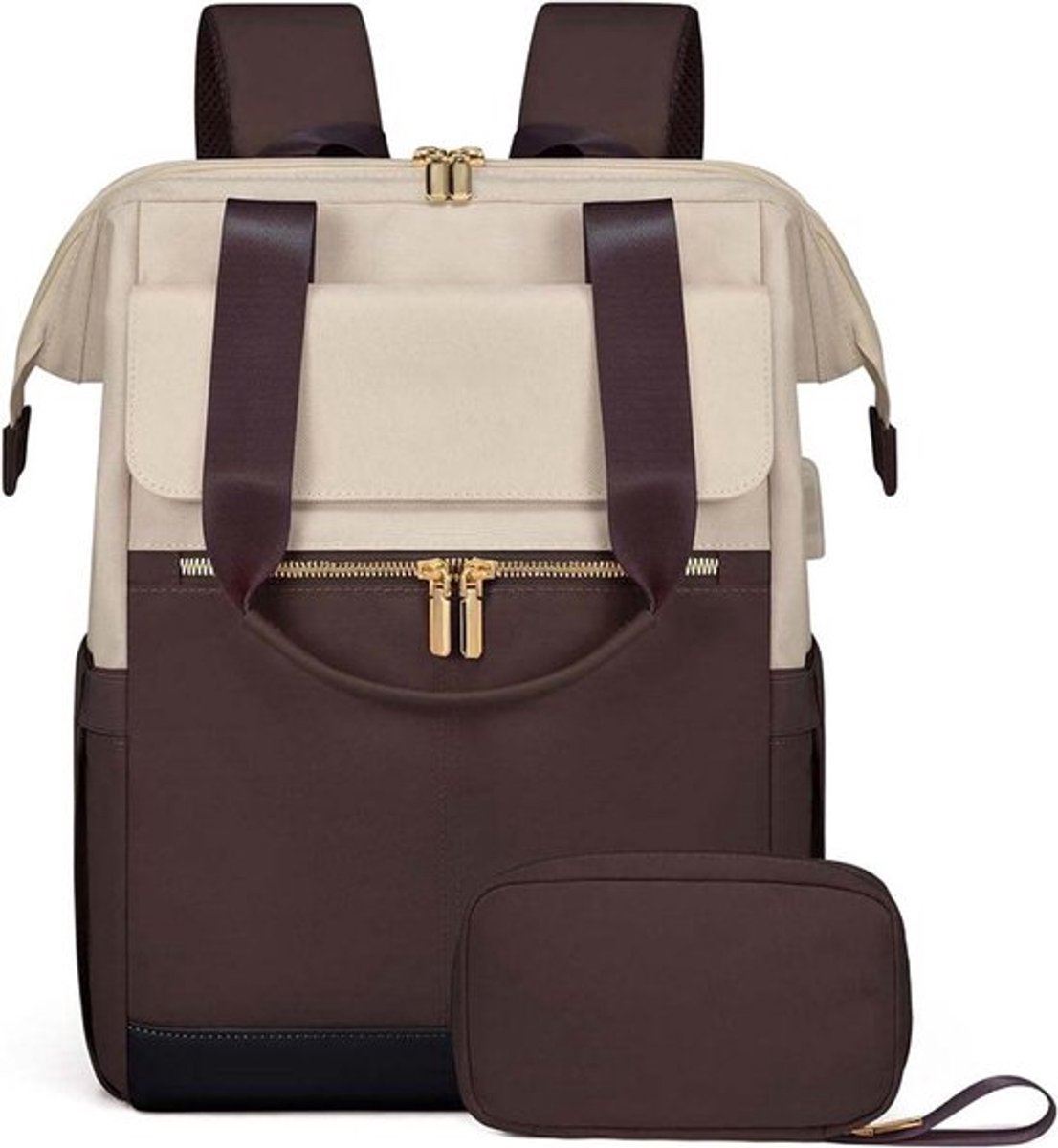Daity Grote damesrugzak - Laptoprugzak - Met vak voor een 15-inch laptop - Damesreisrugzak - Waterdichte damesreisrugzak - Zakelijk/Vakantie/Kantoortas - Stijlvolle schooltas - Beige en koffie