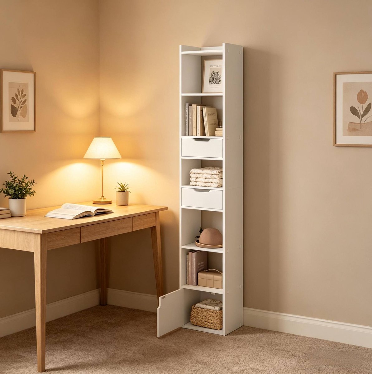 REDOM - Boekenkast met lades en deur - Verstelbare plank - Open vakken - E1 hout met melamine fineer - Woonkamer keuken kantoor - Wit - 33 x 181 x 24 cm