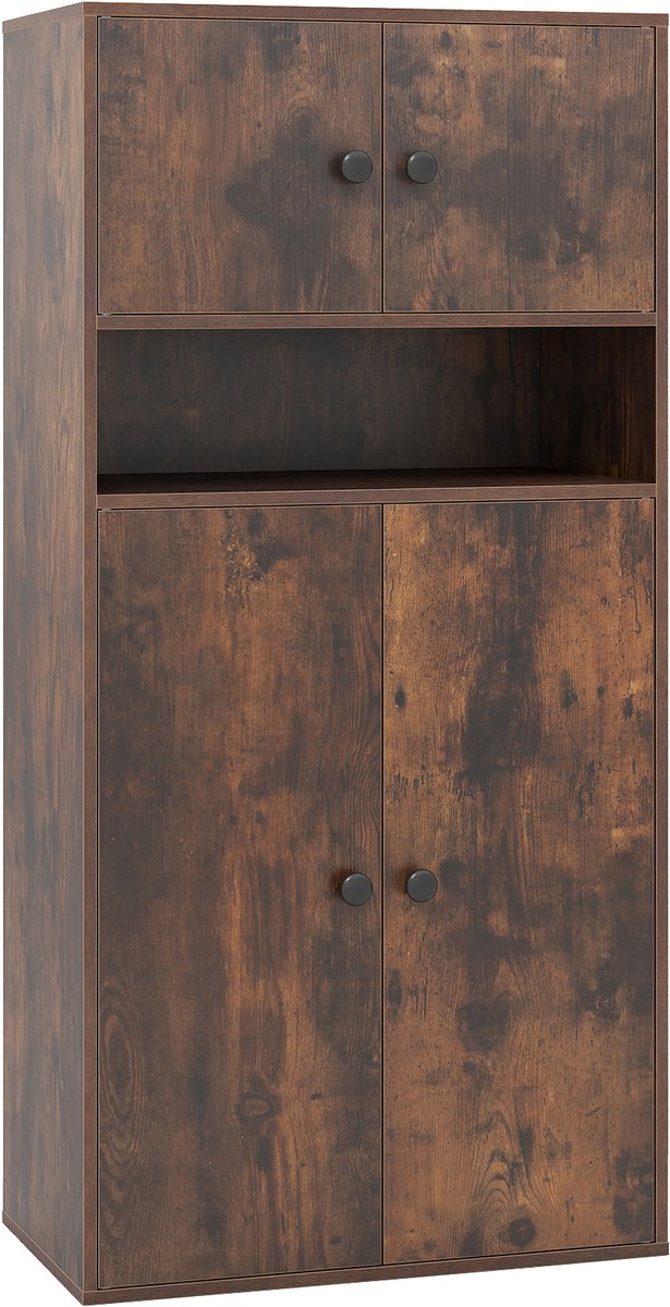 COSTWAY Boekenkast met 4 deuren en verstelbare plank, boekenkast met 4 verdiepingen, opbergkast, vrijstaande vitrinekast voor kantoor, woonkamer (bruin, 54 x 30 x 111 cm)
