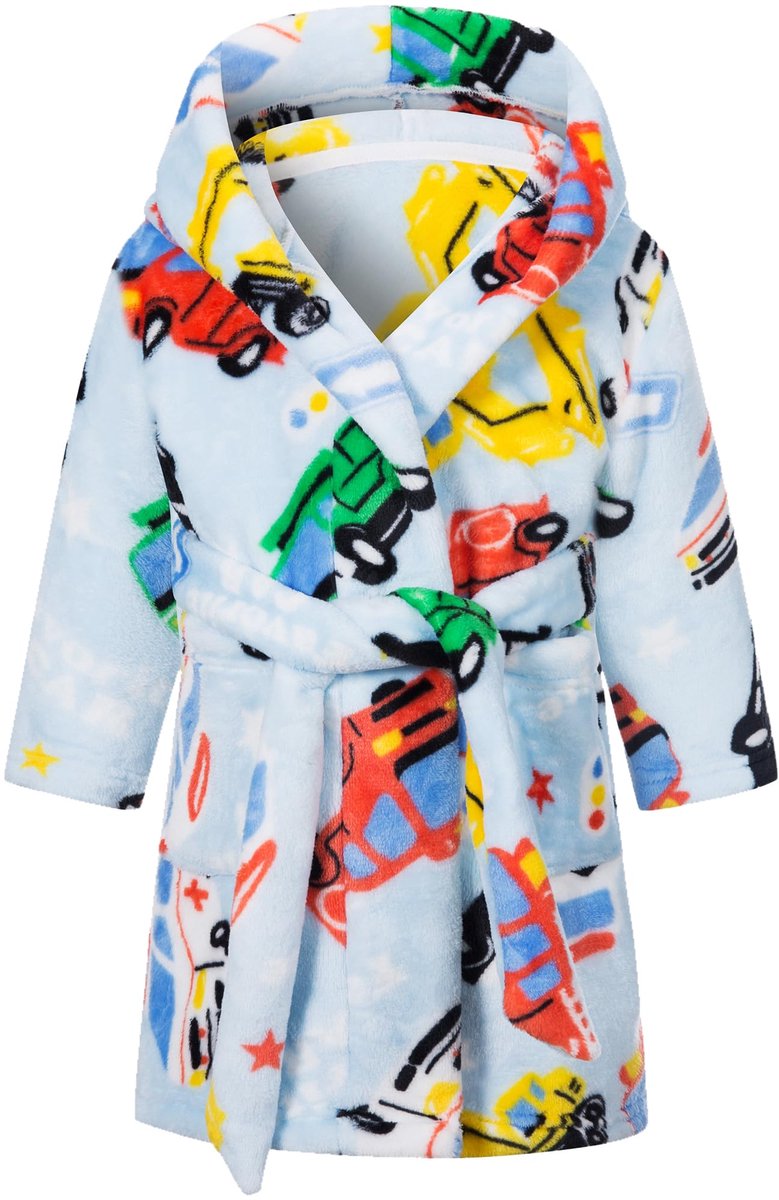 SnelShoppen - Fleece Badjas Jongens met Capuchon, Flanellen Fluffy Lange Badjas voor Kinderen, Zachte Warme Pyjama, Maten 122-128, Auto Design voor Th