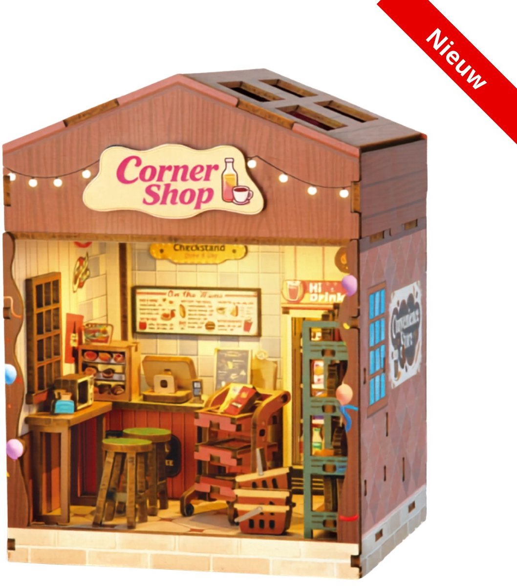 Bouwpakket- DIY- Miniatuurhuisje- Kruidenierswinkel- MDF- LED verlichting- 110 onderdelen