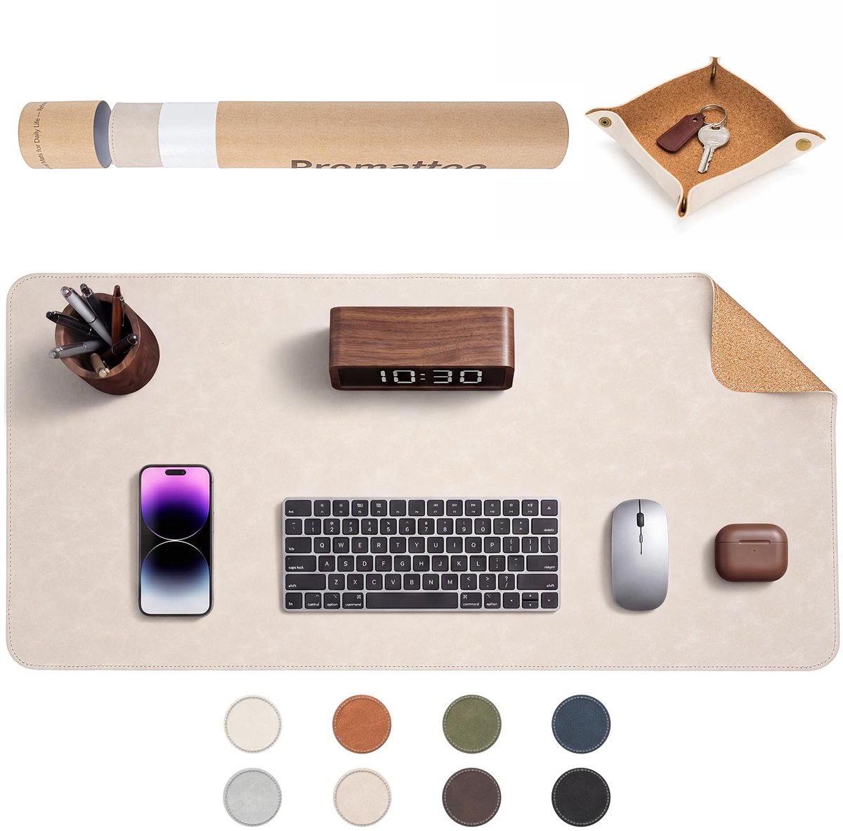 SnelShoppen - Kunstlederen Bureaumat met Valetlade - Antislip Waterdichte Bureauonderlegger - Kurkeffect Achterkant - Bureaubeschermer Warm Beige voor