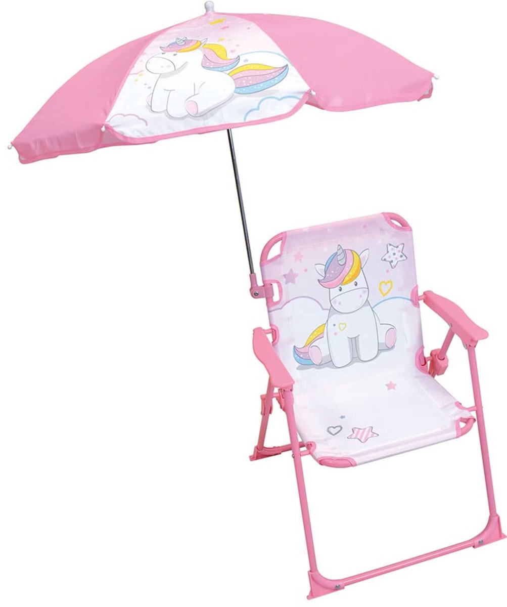SnelShoppen - Klapstoel voor Kinderen Roze Eenhoorn met Parasol, Ø 65 cm, H 53 x B 39 x D 39 cm, Licht en Draagbaar Buitenmeubilair voor Tuin en Stran