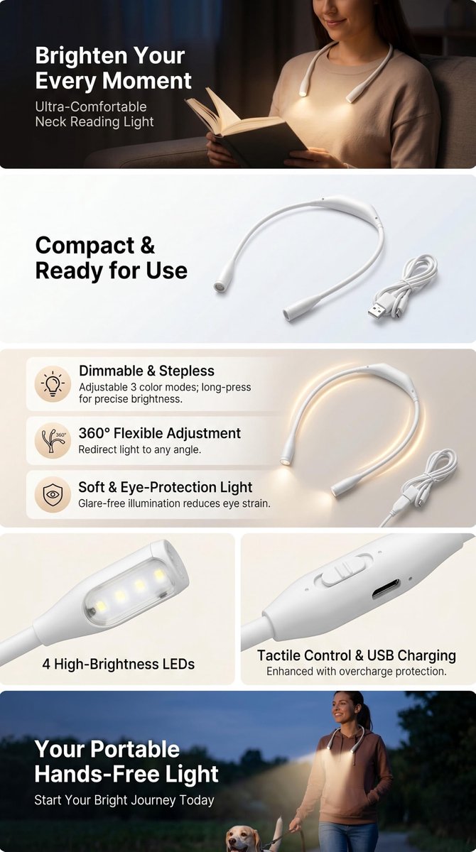 SnelShoppen - Oplaadbare USB-LED Neklamp met 3 Helderheidsniveaus - Flexibele Zwanenhals voor Lezen, Hardlopen en Repareren - Comfortabel Dragen - 100 van Snelshoppen — afbeelding 4