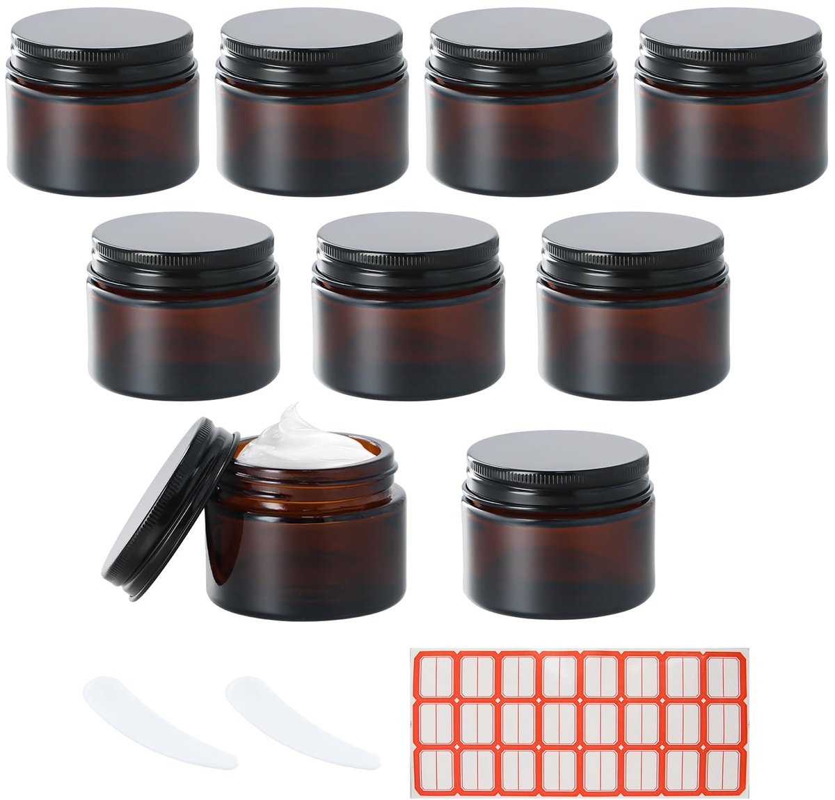 SnelShoppen - 8 Lege Crèmepotjes van Amberkleurig Glas, Zalfblikjes en Cosmetica-Reisdozen met Deksel voor Lotions en Etherische Oliën (50 ml)