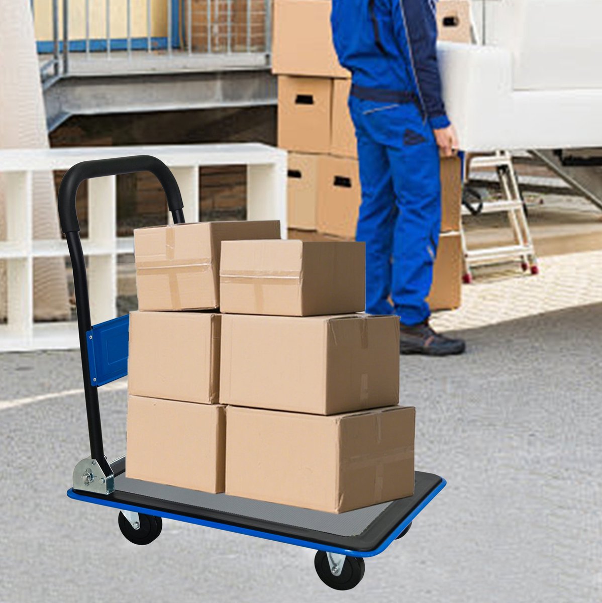 MIVRAY Platformhandwagen – Opvouwbaar 150KG – 73 X 47 X 83 CM – Metaal – Blauw – Voor Verplaatsen En Opslag – 360 Graden Zwenkwielen