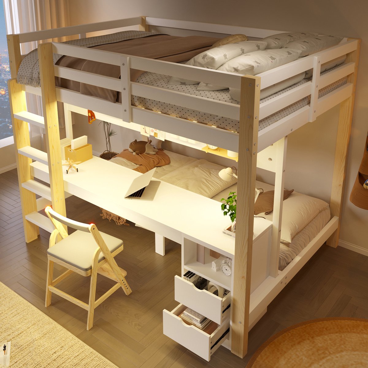 REDOM - Stapelbed - Met bureau en laden - Met opbergruimte en LED-lichtstrip - Voor kinderkamer - Hout en MDF - Naturel en wit - 205 x 151 x 170 cm