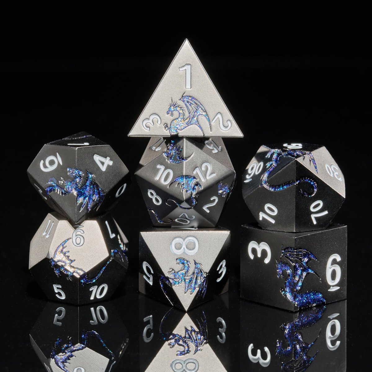 Dailygoods - Metalen Dobbelstenen Set - Glitter Blauwe Draak 7-delig