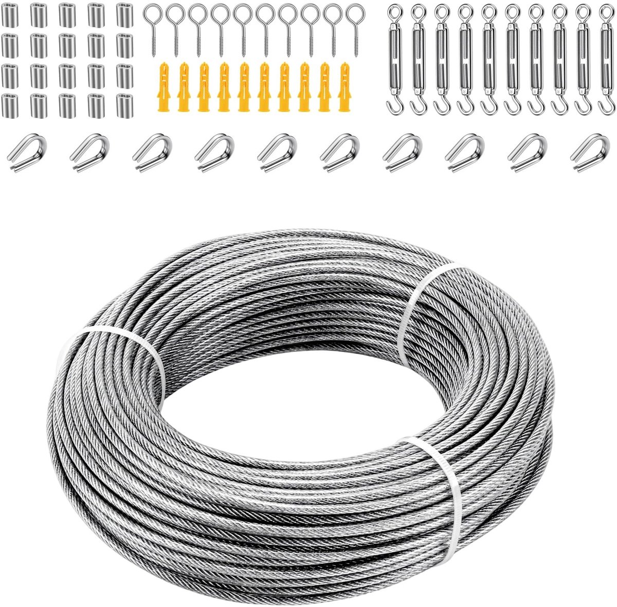 Dailygoods- Staalkabelkit 56-delig - 50 m Roestvrij Stalen Kabel - Verstelbaar Spanslot - Accessoireset - Spanners - Aluminium Persklemmen - Spankabelset