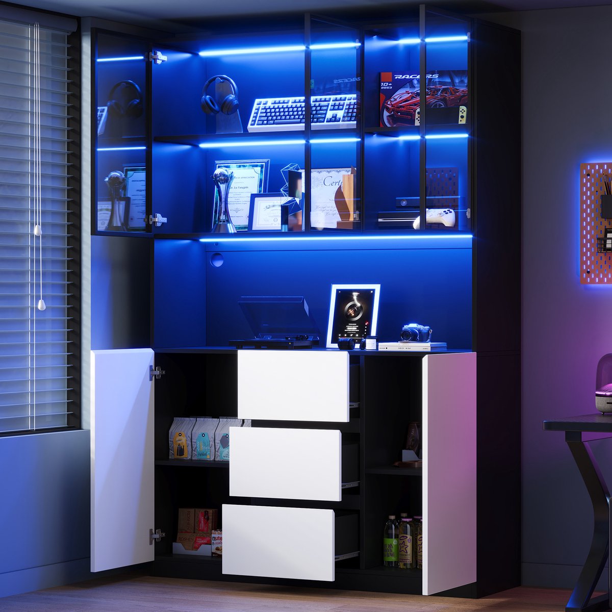 Glazen vitrinekast 120 x 40 x 200 cm met LED-verlichting - open planken met lades - kledingkast - zwart