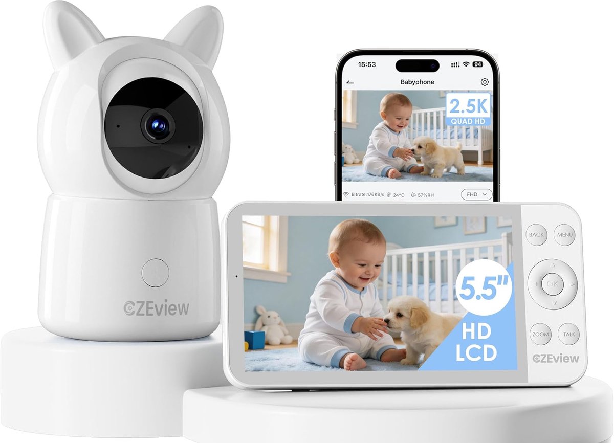 SnelShoppen - Babyfoon met Camera 2.5K & 4X Zoom, 5.5” HD WiFi Video Babyfoon met App, Nachtzicht, Perfect voor Kinderen, Veiligheid in Huis, Inclusie