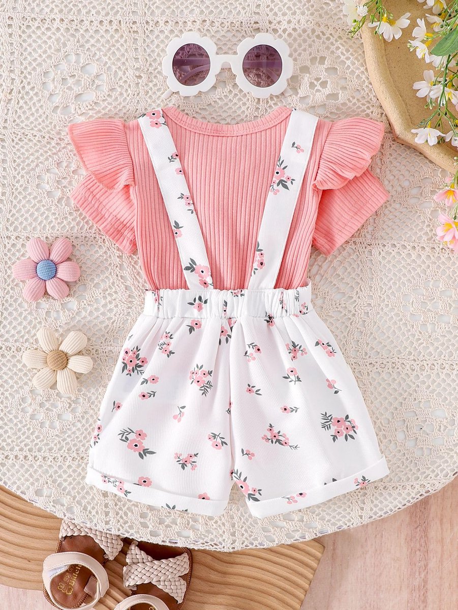 SnelShoppen - Meisjes Kleding Set voor Pasgeborenen, Madeliefjesprint Ruches Top met Bretelbroek en Zak, Zomer Shorts, Meerkleurige Bloemenprint, 6-12