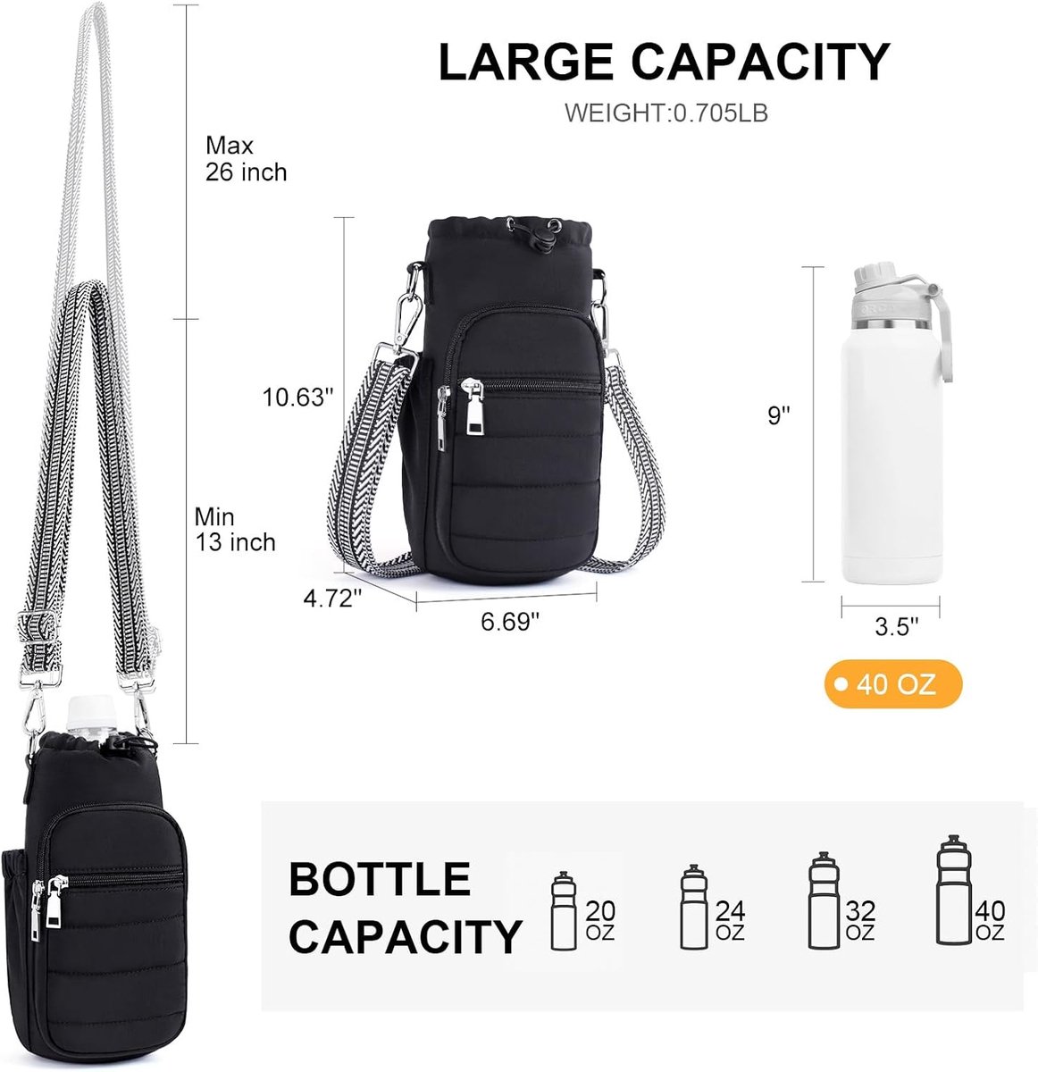Waterfles tas - Flessenhouder - Waterfles tas - Flessendrager - Met schouderriem - 40 oz - Telefoontasje - Schoudertas - Geïsoleerde waterflestas - Geschikt voor fitness, wandelen, trektochten en buitensporten - Zwart — cadeau in Sport & Outdoor - foto 6